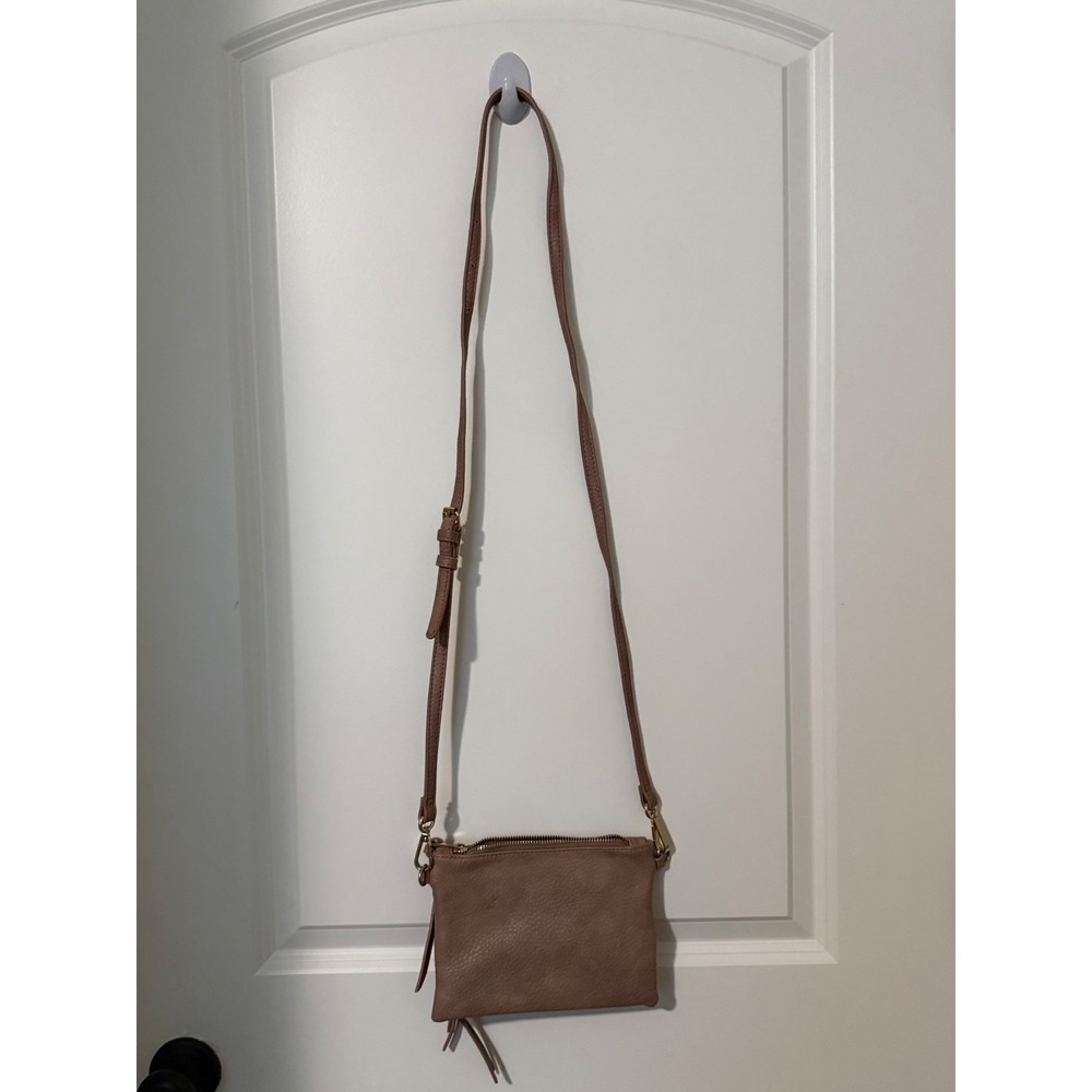 Mauve Taupe Pebbled Faux Leather Crossbody Bag with Leopard Lining - Picture 3 of 12